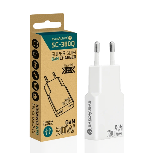 Мережевий зарядний пристрій everActive GN SUPER SLIM SC-380Q з USB QC3.0 та роз'ємом USB-C PD 30 Вт